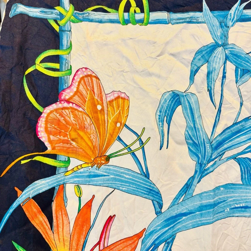 CHRISTIAN DIOR Vintage 34” 100% Silk “Floral & Butterfly” Botanical Square Scarf
